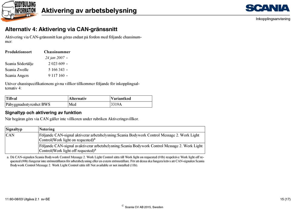 Med 3319A Signaltyp och aktivering av funktion När begäran görs via CAN gäller inte villkoren under rubriken Aktiveringsvillkor.