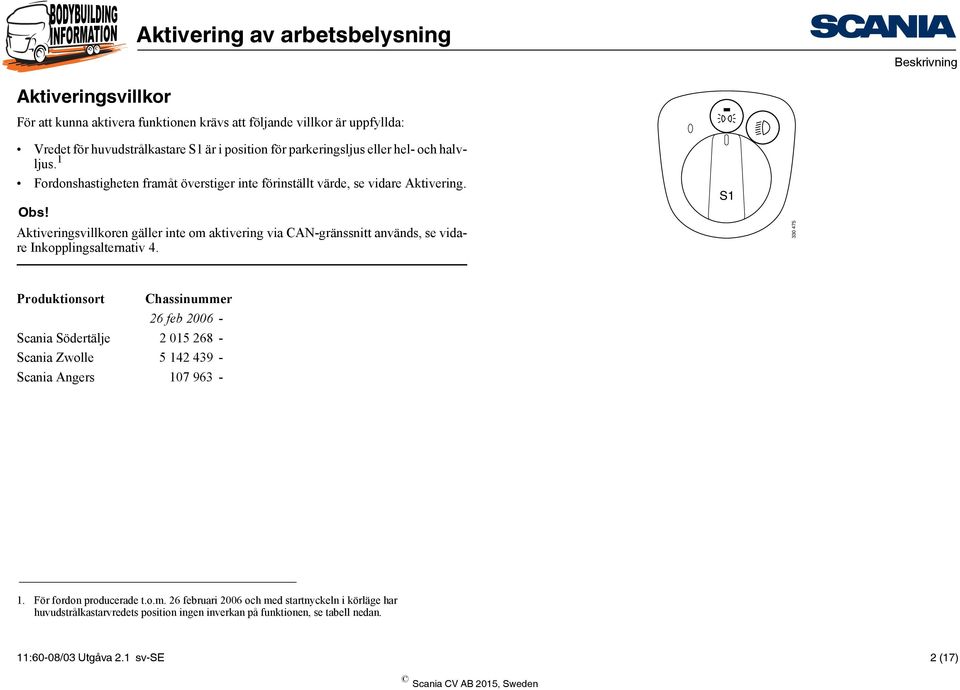 Aktiveringsvillkoren gäller inte om aktivering via CAN-gränssnitt används, se vidare Inkopplingsalternativ 4.