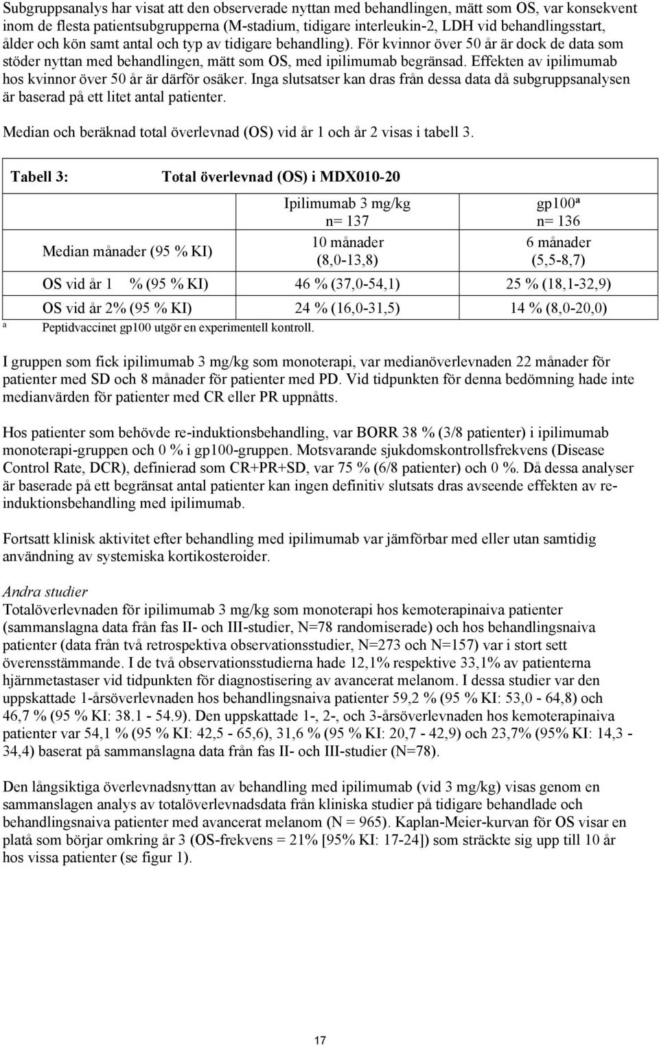 Effekten av ipilimumab hos kvinnor över 50 år är därför osäker. Inga slutsatser kan dras från dessa data då subgruppsanalysen är baserad på ett litet antal patienter.