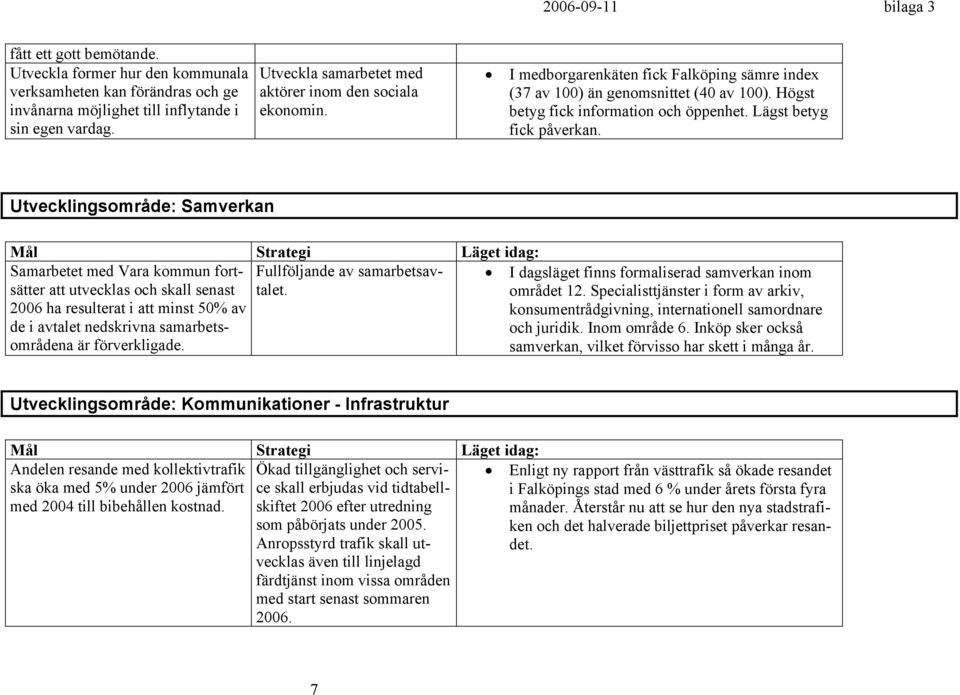 Lägst betyg fick påverkan. Utvecklingsområde: Samverkan Samarbetet med Vara kommun fortsätter Fullföljande av samarbetsavtalet.