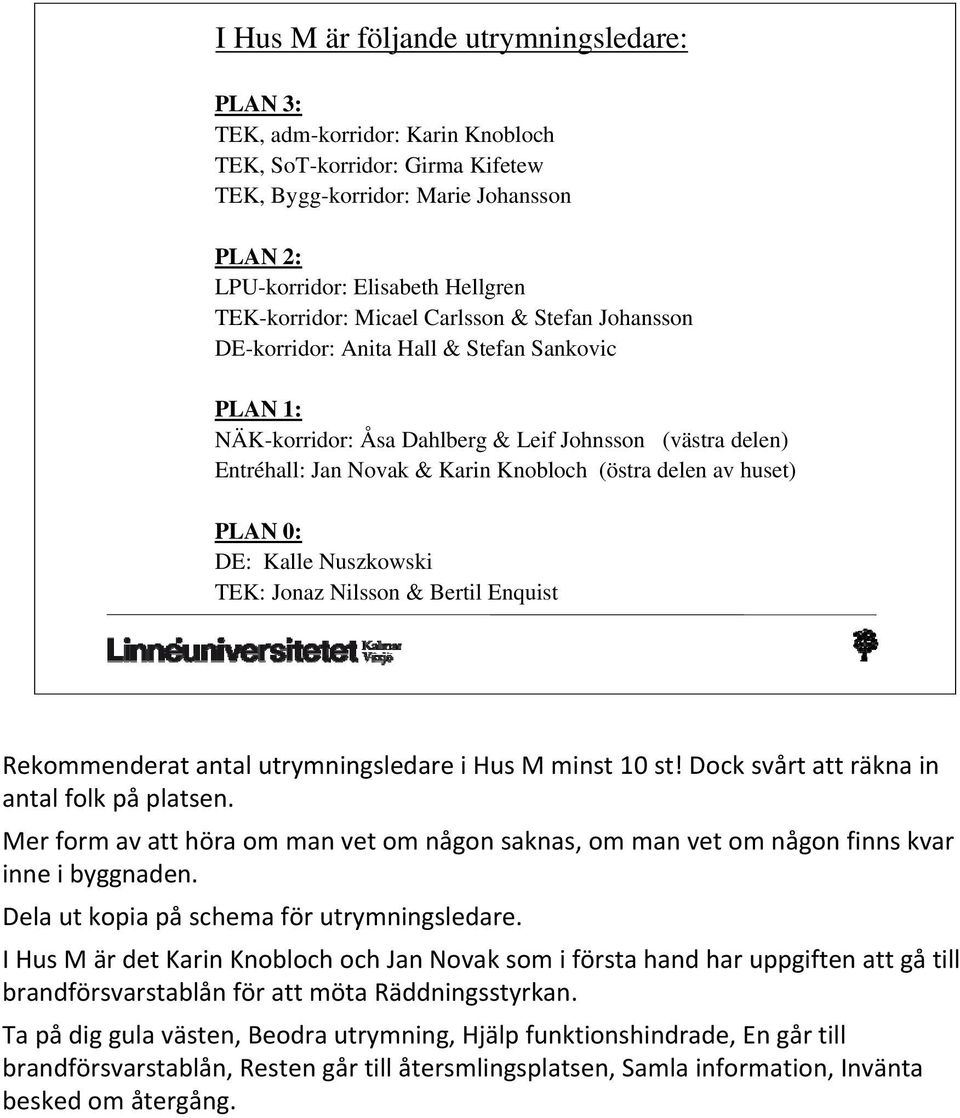 (östra delen av huset) PLAN 0: DE: Kalle Nuszkowski TEK: Jonaz Nilsson & Bertil Enquist Rekommenderat antal utrymningsledare i Hus M minst 10 st! Dock svårt att räkna in antal folk på platsen.