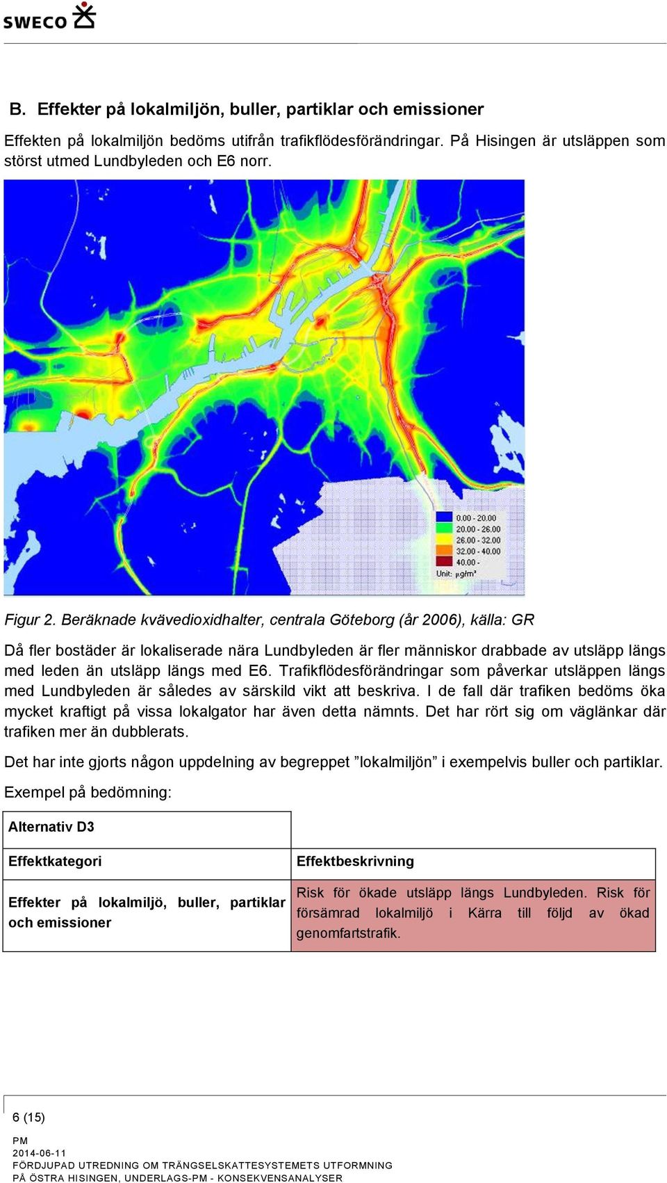 Beräknade kvävedioxidhalter, centrala Göteborg (år 2006), källa: GR Då fler bostäder är lokaliserade nära Lundbyleden är fler människor drabbade av utsläpp längs med leden än utsläpp längs med E6.