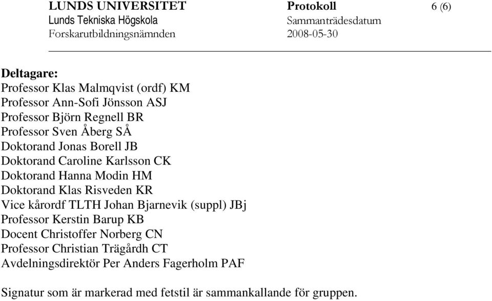 Modin HM Doktorand Klas Risveden KR Vice kårordf TLTH Johan Bjarnevik (suppl) JBj Professor Kerstin Barup KB Docent Christoffer Norberg