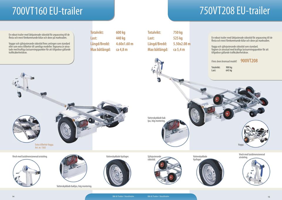 Vagnarna är utrustade med kraftiga lastsurrningspunkter för att tillgodose gällande trafiksäkerhetskrav. Max båtlängd: 600 kg 440 kg 4.60x1.60 m ca 4,8 m Max båtlängd: 750 kg 525 kg 5.50x2.