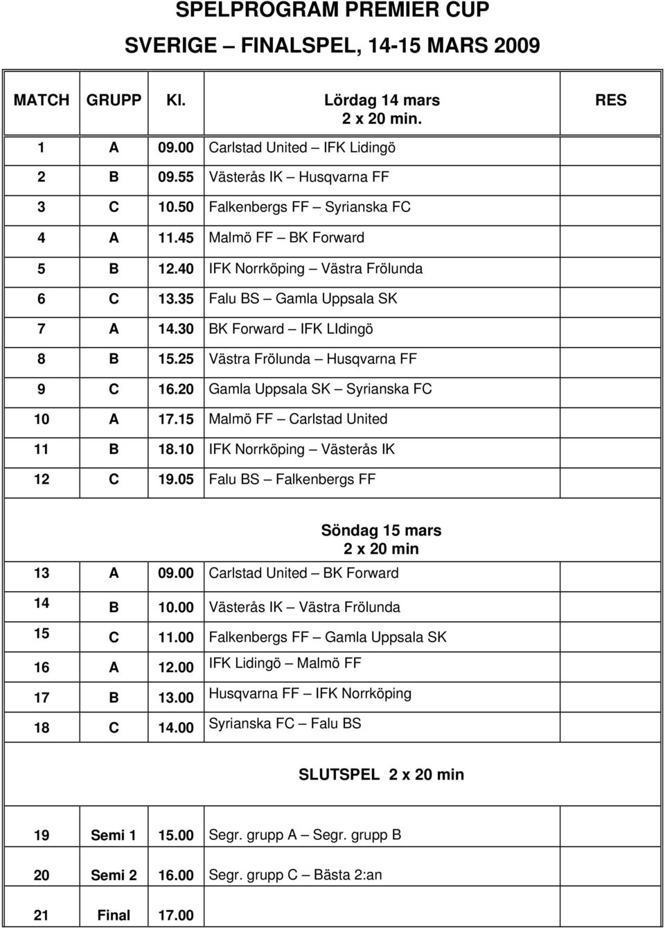 25 Västra Frölunda Husqvarna FF 9 C 16.20 Gamla Uppsala SK Syrianska FC 10 A 17.15 Malmö FF Carlstad United 11 B 18.10 IFK Nrrköping Västerås IK 12 C 19.