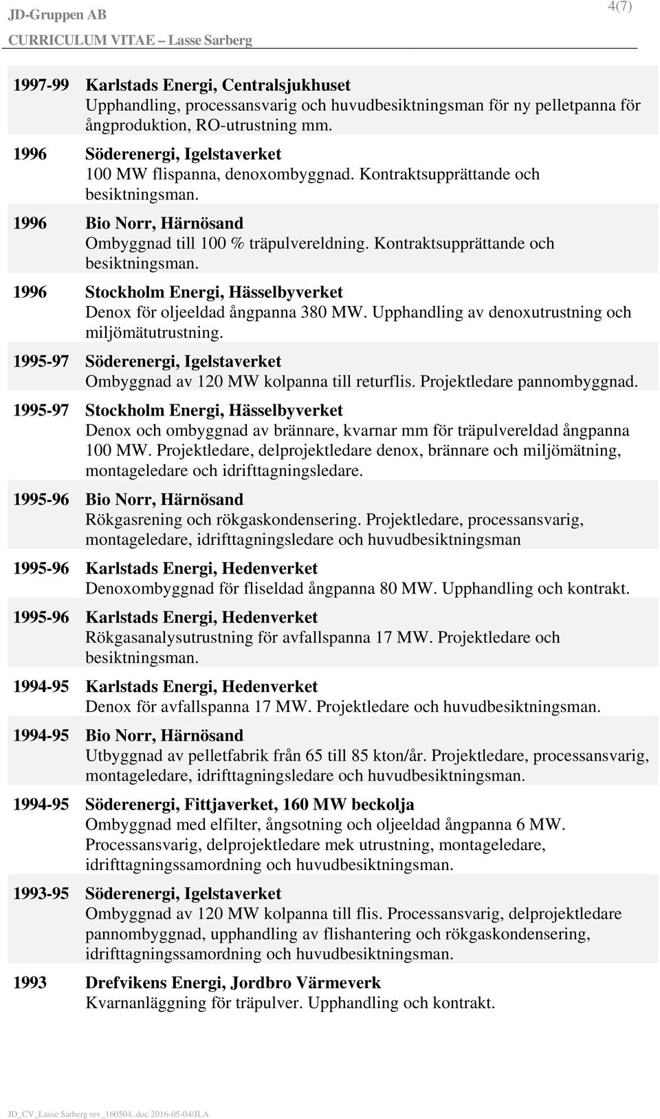 Kontraktsupprättande och 1996 Stockholm Energi, Hässelbyverket Denox för oljeeldad ångpanna 380 MW. Upphandling av denoxutrustning och miljömätutrustning.