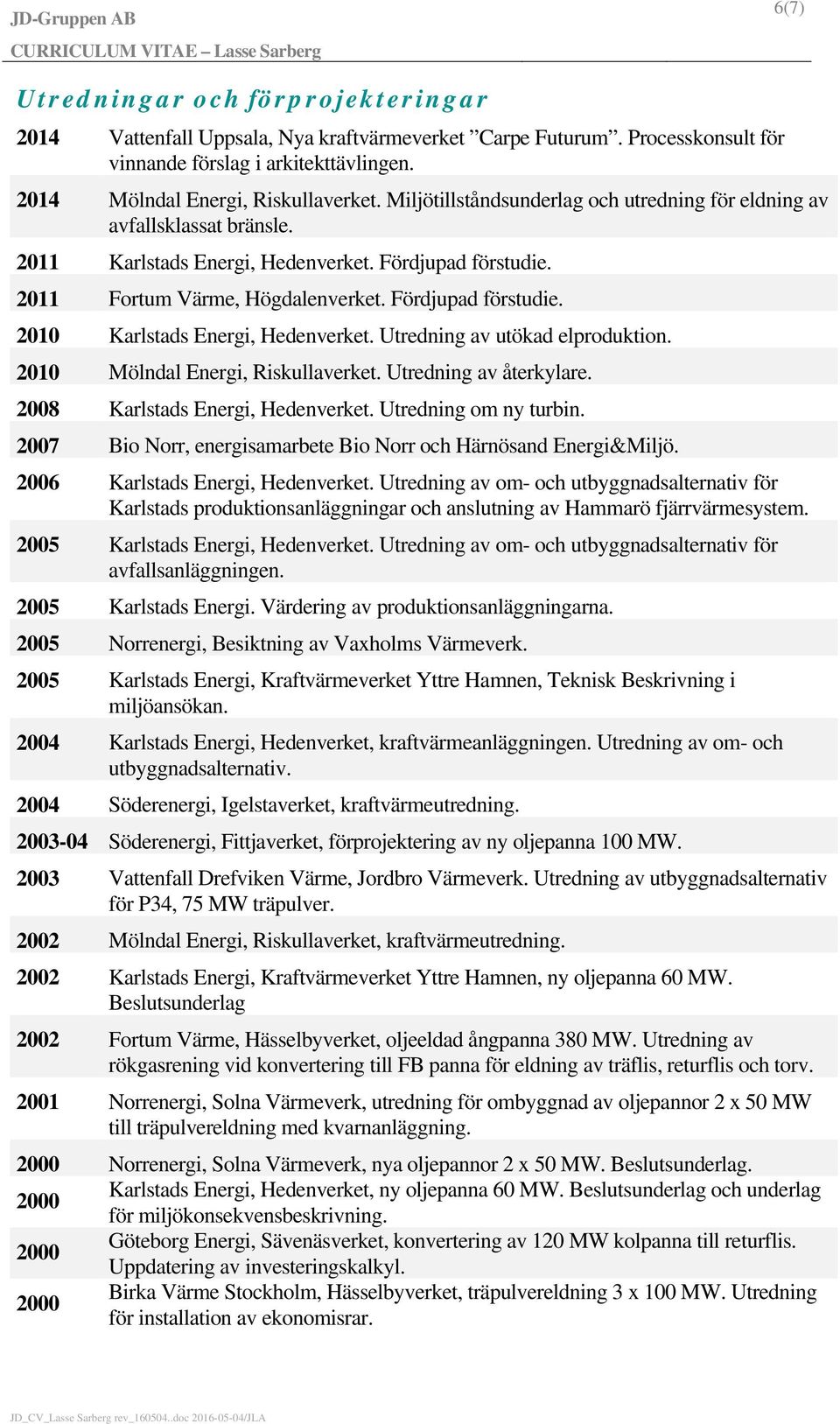 Utredning av utökad elproduktion. 2010 Mölndal Energi, Riskullaverket. Utredning av återkylare. 2008 Karlstads Energi, Hedenverket. Utredning om ny turbin.