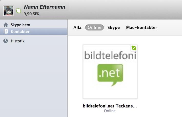 Bildtelefoni.net finns nu under fliken Kontakter Bild 6. Bildtelefoni tillagd som kontakt. Att ringa Det finns flera sätt att ringa till tjänsten Bildtelefoni.net. Ring tjänsten genom att föra muspekaren över Bildtelefoni.