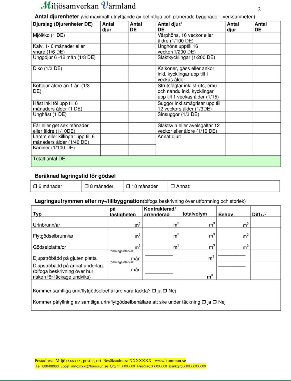 DE) Köttdjur äldre än 1 år (1/3 DE) Häst inkl föl upp till 6 månaders ålder (1 DE) Unghäst (1 DE) Får eller get sex månader eller äldre (1/10DE) Lamm eller killingar upp till 6 månaders ålder (1/40