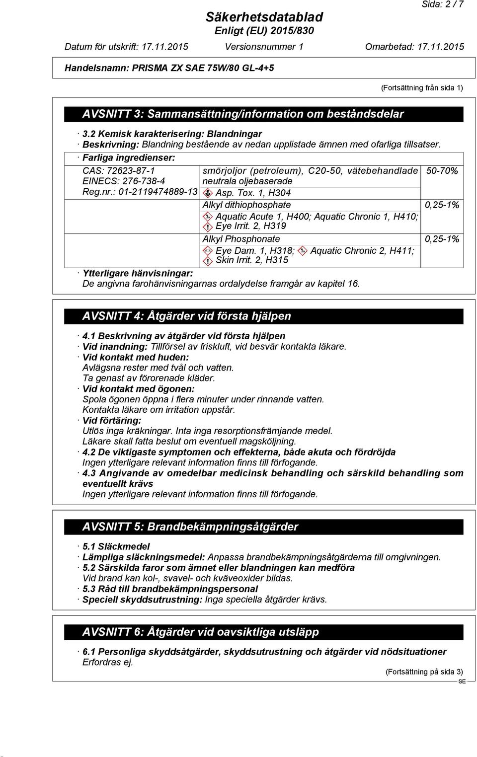 : 01-2119474889-13 smörjoljor (petroleum), C20-50, vätebehandlade neutrala oljebaserade Asp. Tox. 1, H304 Alkyl dithiophosphate Aquatic Acute 1, H400; Aquatic Chronic 1, H410; Eye Irrit.