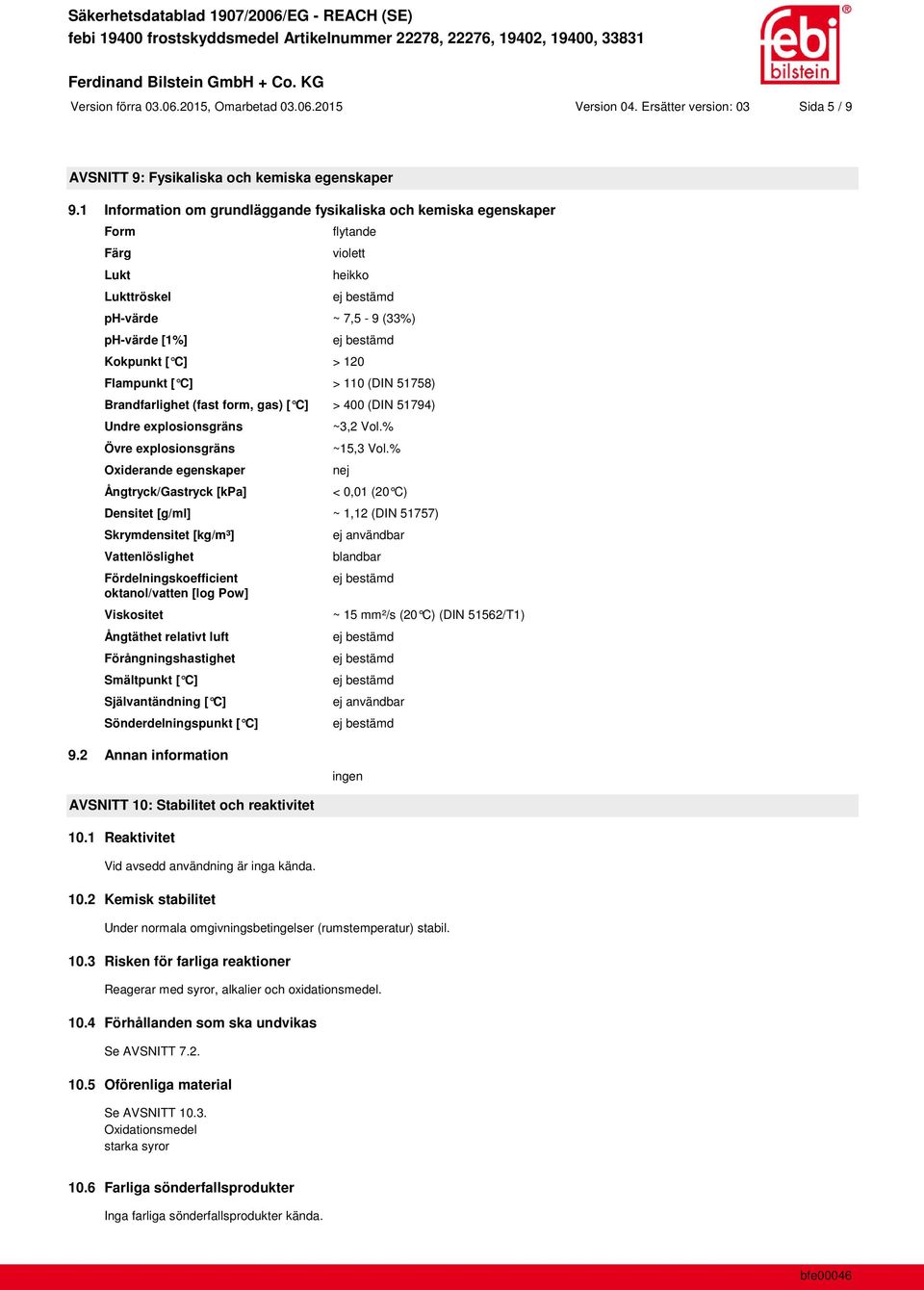 51758) Brandfarlighet (fast form, gas) [ C] > 400 (DIN 51794) Undre explosionsgräns Övre explosionsgräns Oxiderande egenskaper Ångtryck/Gastryck [kpa] ~3,2 Vol.% ~15,3 Vol.