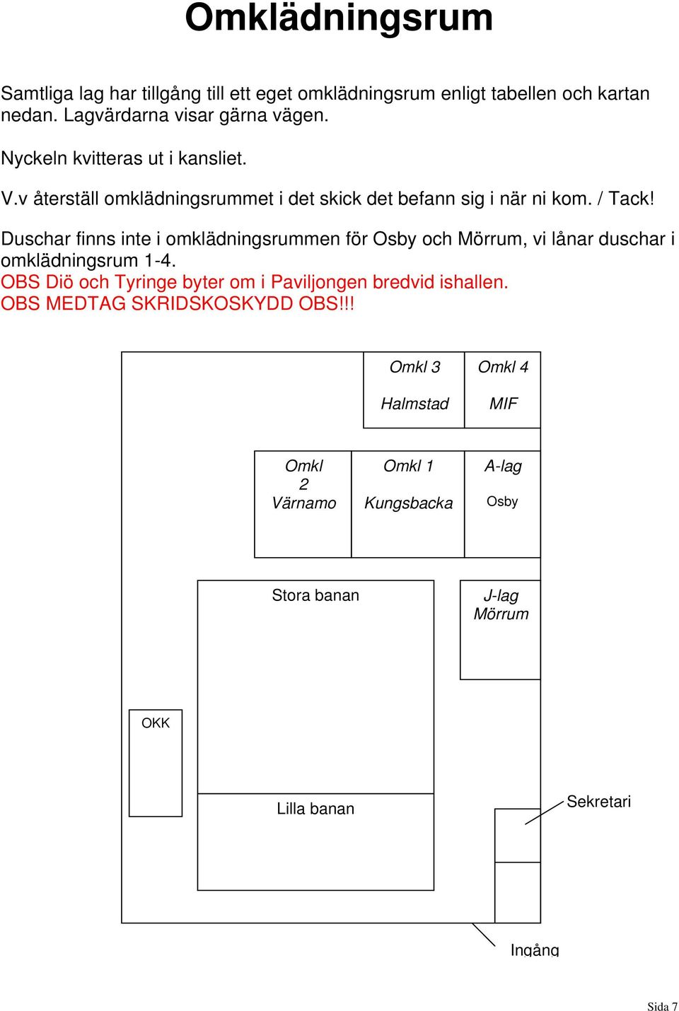 Duschar finns inte i omklädningsrummen för Osby och Mörrum, vi lånar duschar i omklädningsrum 1-4.