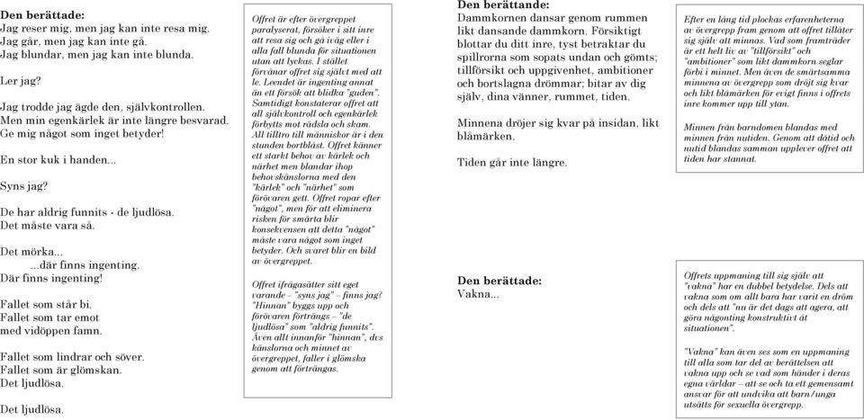 Där finns ingenting! Fallet som står bi. Fallet som tar emot med vidöppen famn. Fallet som lindrar och söver. Fallet som är glömskan. Det ljudlösa.