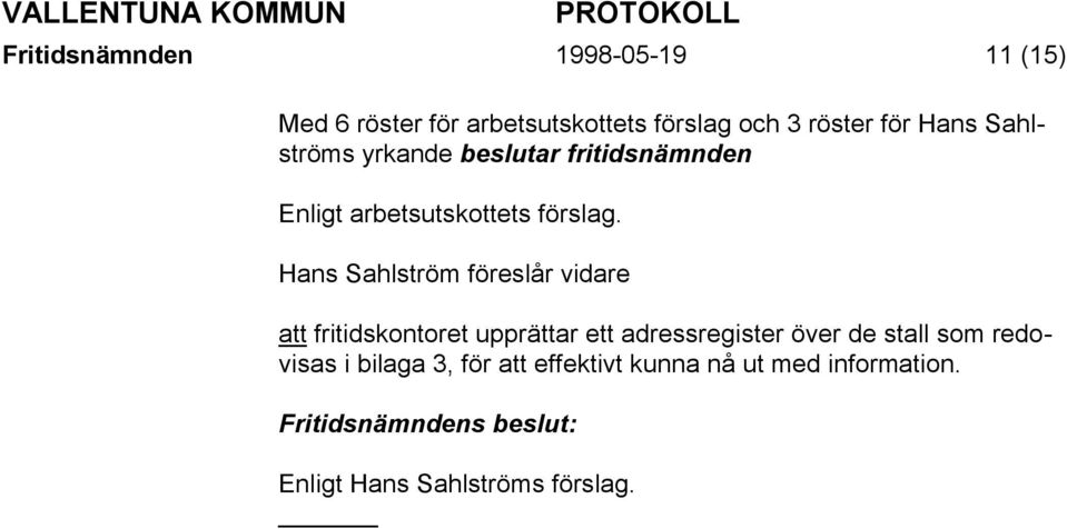 Hans Sahlström föreslår vidare att fritidskontoret upprättar ett adressregister över de stall som