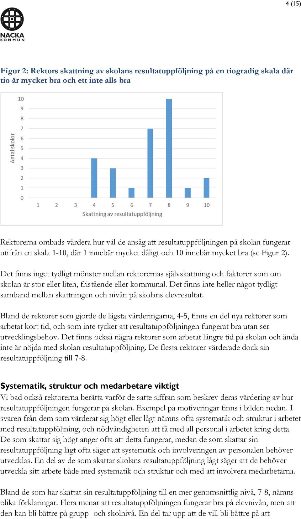 Det finns inget tydligt mönster mellan rektorernas självskattning och faktorer som om skolan är stor eller liten, fristående eller kommunal.