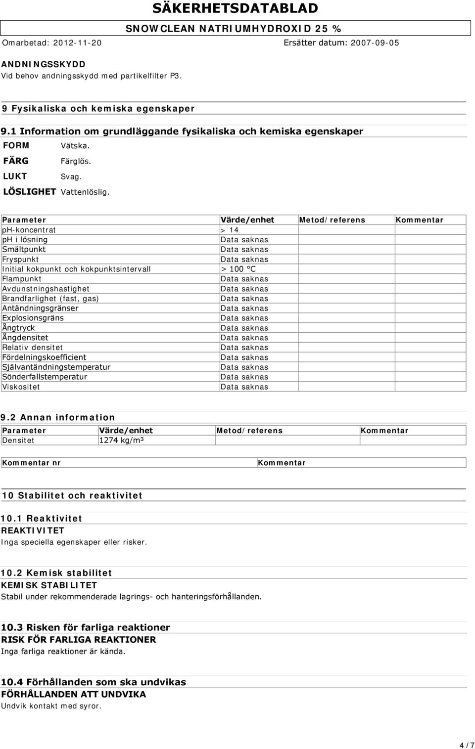 Parameter Värde/enhet Metod/referens Kommentar ph-koncentrat > 14 ph i lösning Smältpunkt Fryspunkt Initial kokpunkt och kokpunktsintervall > 100 C Flampunkt Avdunstningshastighet Brandfarlighet