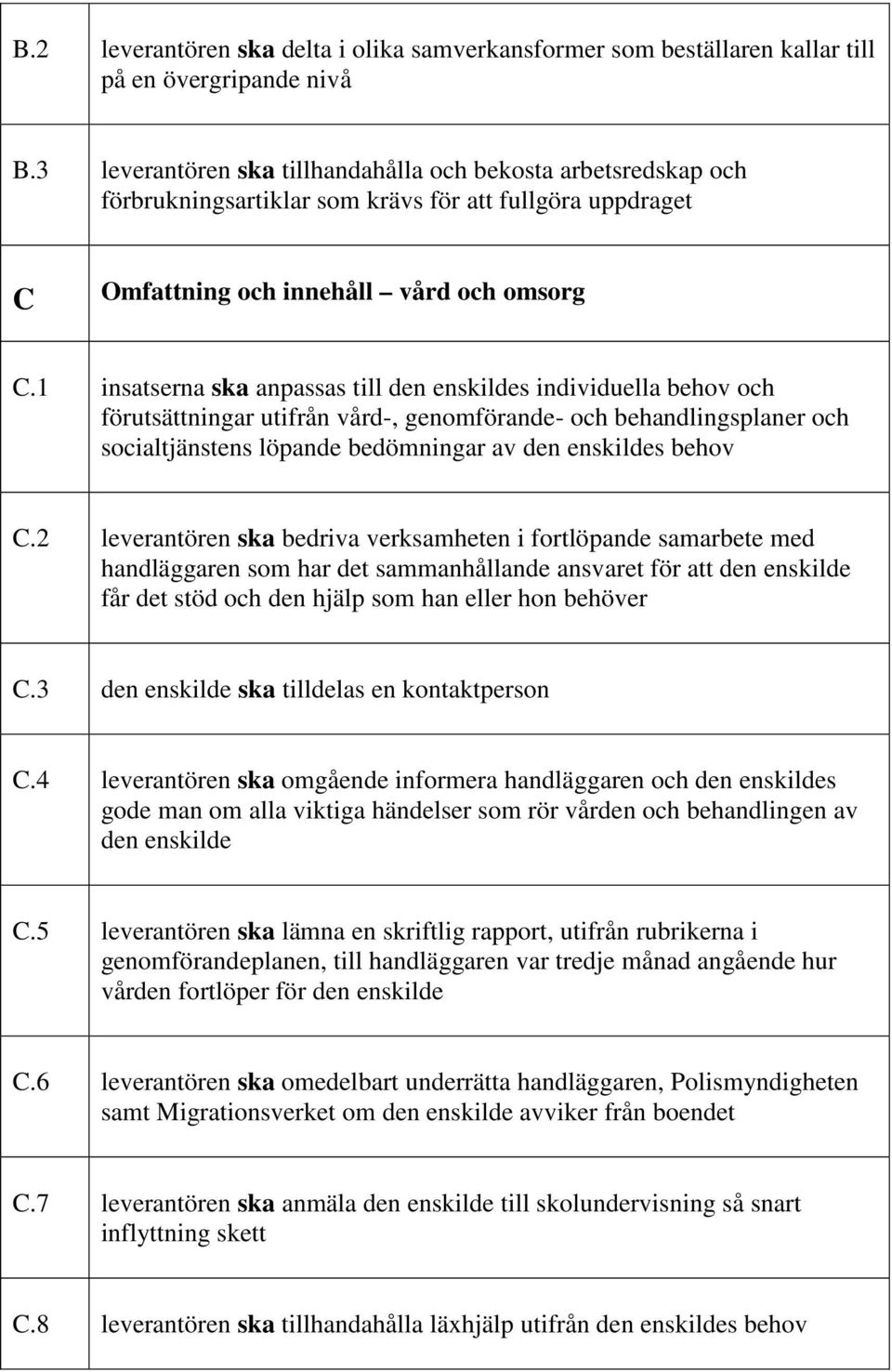 1 insatserna ska anpassas till den enskildes individuella behov och förutsättningar utifrån vård-, genomförande- och behandlingsplaner och socialtjänstens löpande bedömningar av den enskildes behov C.