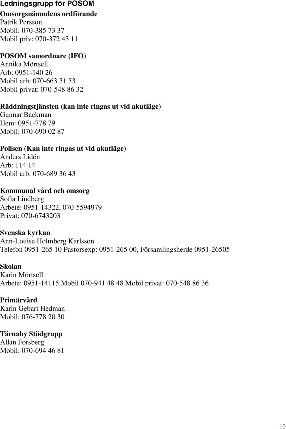 arb: 070-689 36 43 Kommunal vård och omsorg Sofia Lindberg Arbete: 0951-14322, 070-5594979 Privat: 070-6743203 Svenska kyrkan Ann-Louise Holmberg Karlsson Telefon 0951-265 10 Pastorsexp: 0951-265 00,