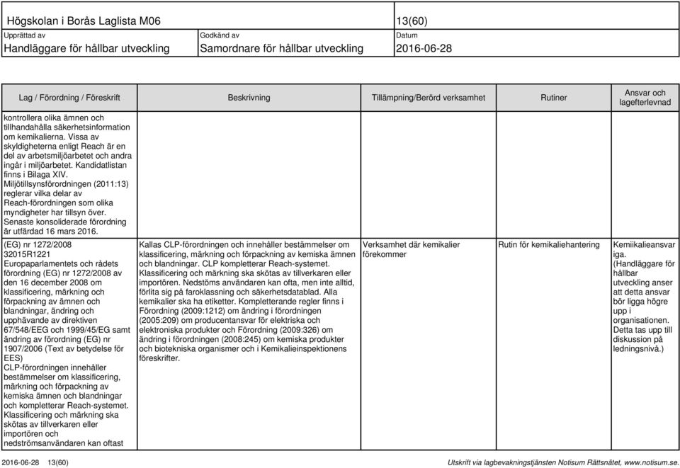 Miljötillsynsförordningen (2011:13) reglerar vilka delar av Reach-förordningen som olika myndigheter har tillsyn över. Senaste konsoliderade förordning är utfärdad 16 mars 2016.