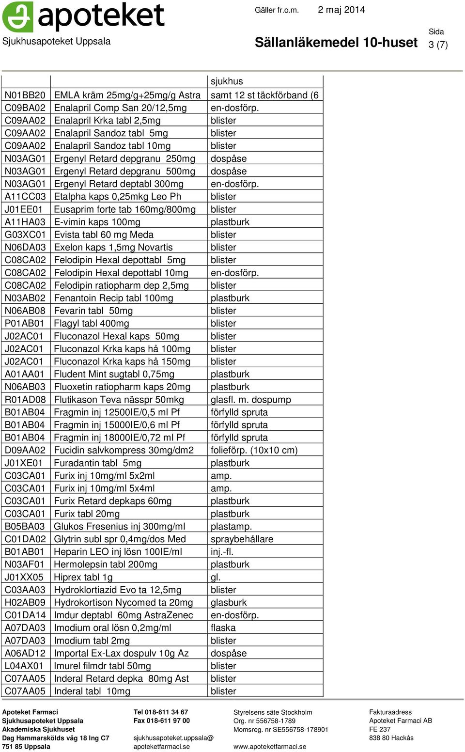 A11CC03 Etalpha kaps 0,25mkg Leo Ph J01EE01 Eusaprim forte tab 160mg/800mg A11HA03 E-vimin kaps 100mg G03XC01 Evista tabl 60 mg Meda N06DA03 Exelon kaps 1,5mg Novartis C08CA02 Felodipin Hexal