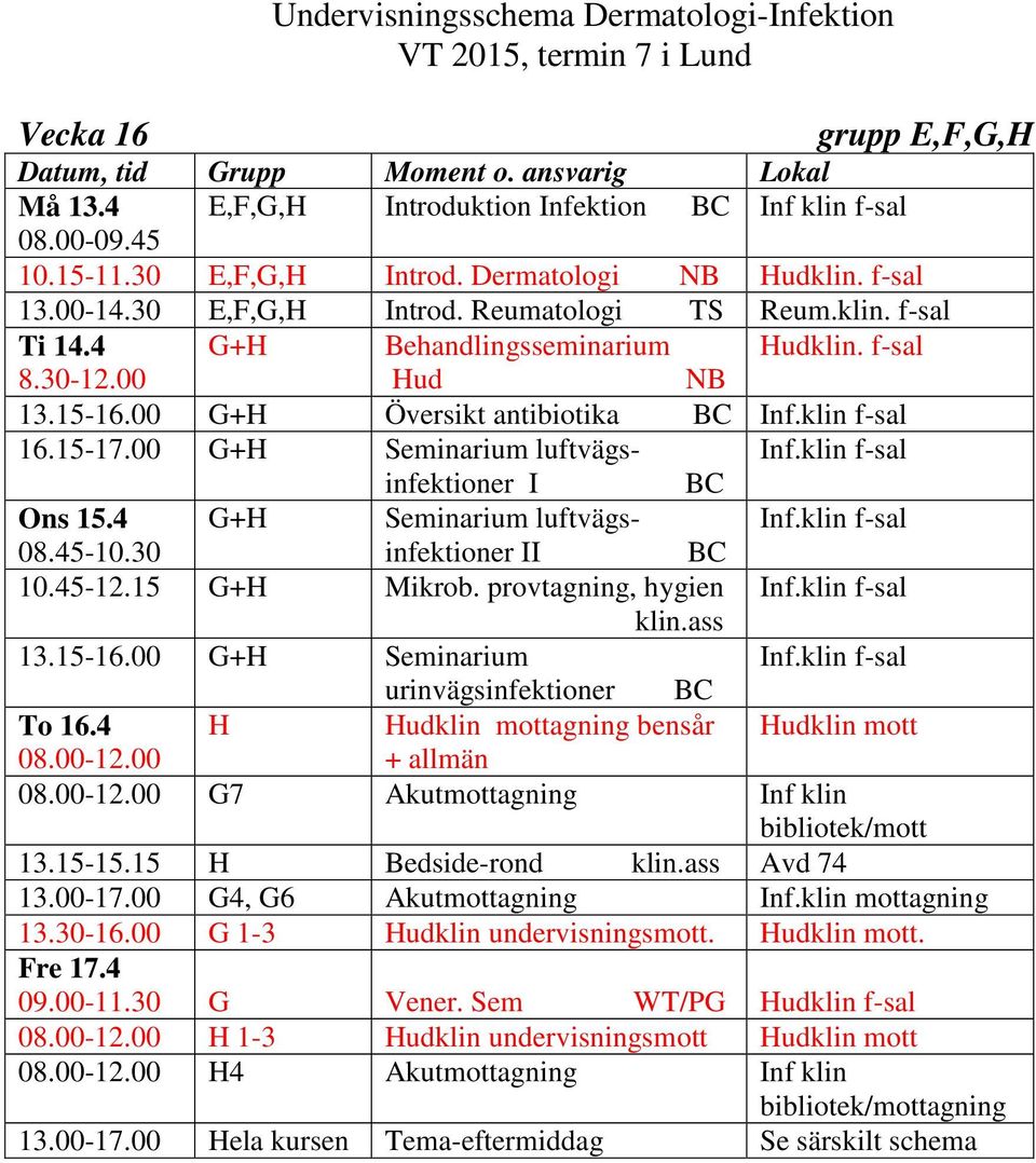 00 G+H Seminarium luftvägsinfektioner I Ons 15.4 G+H Seminarium luftvägsinfektioner II 10.45-12.15 G+H Mikrob. provtagning, hygien klin.ass 13.15-16.00 G+H Seminarium urinvägsinfektioner To 16.