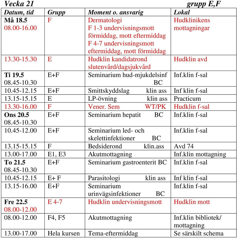 5 E+F Seminarium hepatit 10.45-12.00 E+F Seminarium led- och skelettinfektioner 13.15-15.15 F Bedsiderond klin.ass Avd 74 13.00-17.00 E1, E3 Akutmottagning Inf.klin mottagning To 21.