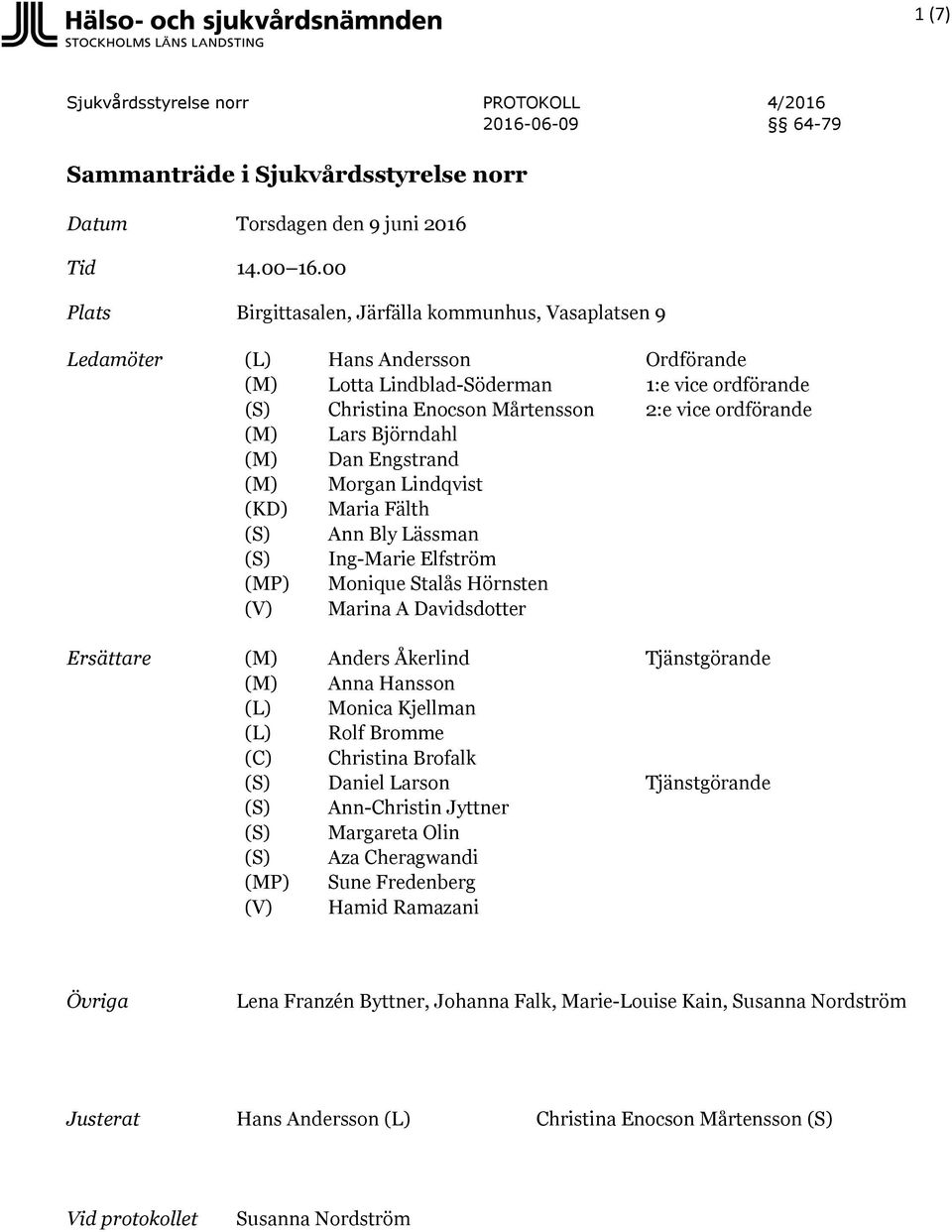 Fälth Ann Bly Lässman Ing-Marie Elfström Monique Stalås Hörnsten Marina A Davidsdotter Ordförande 1:e vice ordförande 2:e vice ordförande Ersättare (L) (L) (C) (MP) (V) Anders Åkerlind Anna Hansson