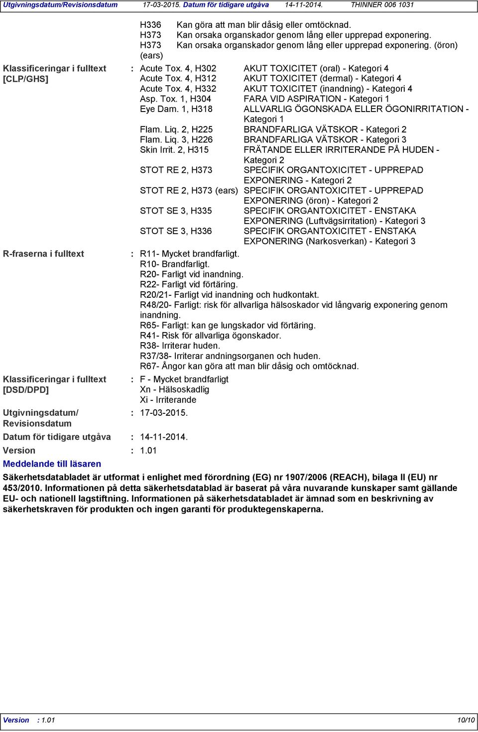 4, H302 AKUT TOXICITET (oral) - Kategori 4 Acute Tox. 4, H312 AKUT TOXICITET (dermal) - Kategori 4 Acute Tox. 4, H332 AKUT TOXICITET (inandning) - Kategori 4 Asp. Tox. 1, H304 FARA VID ASPIRATION - Kategori 1 Eye Dam.