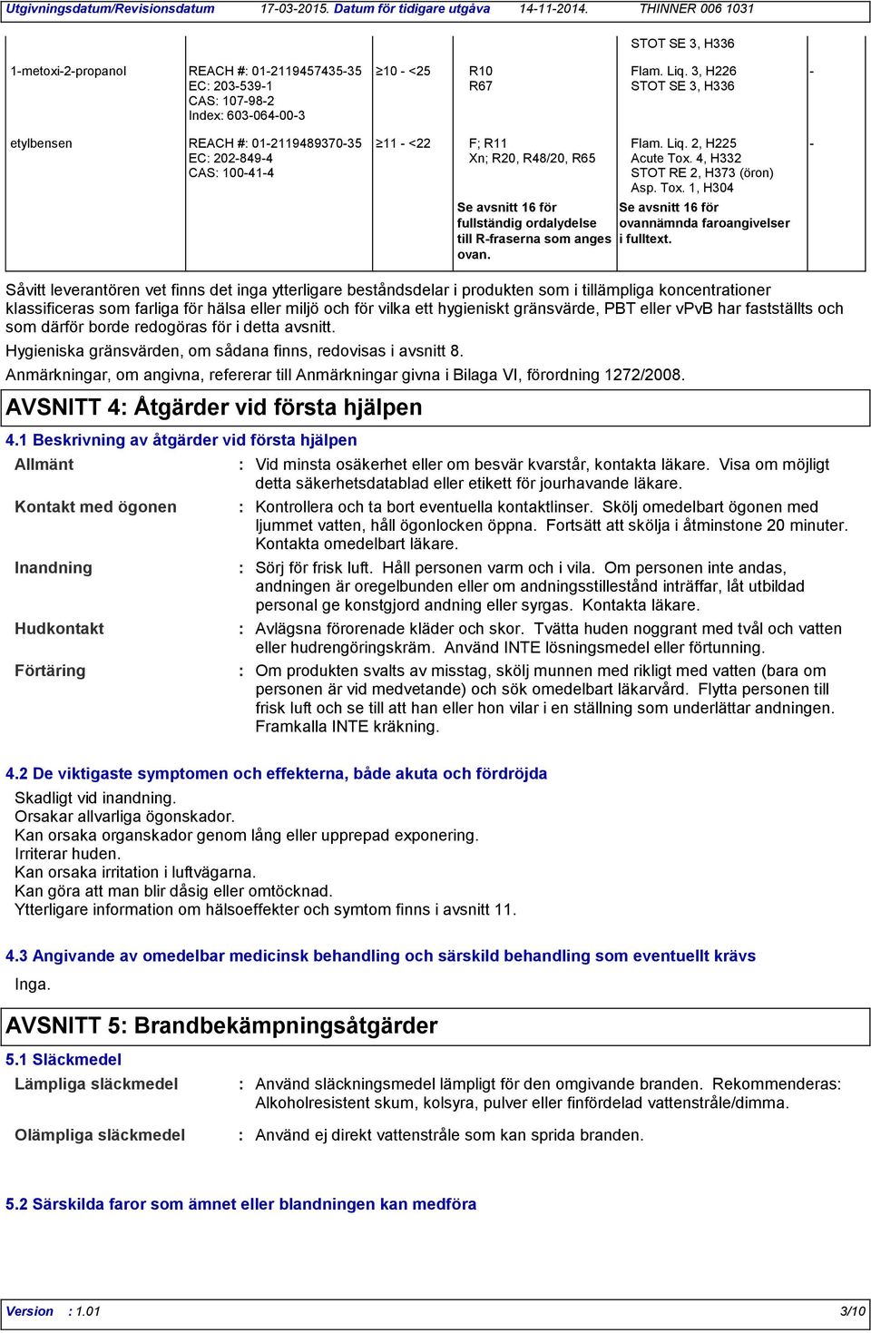 4, H332 CAS 100-41-4 STOT RE 2, H373 (öron) Asp. Tox.