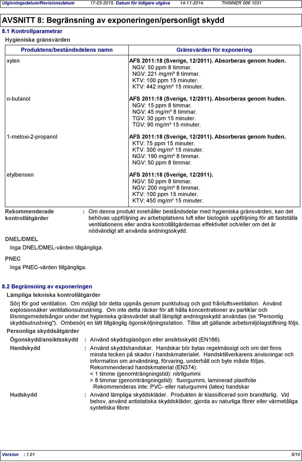 NGV 50 ppm 8 timmar. NGV 221 mg/m³ 8 timmar. KTV 100 ppm 15 minuter. KTV 442 mg/m³ 15 minuter. AFS 201118 (Sverige, 12/2011). Absorberas genom huden. NGV 15 ppm 8 timmar. NGV 45 mg/m³ 8 timmar.