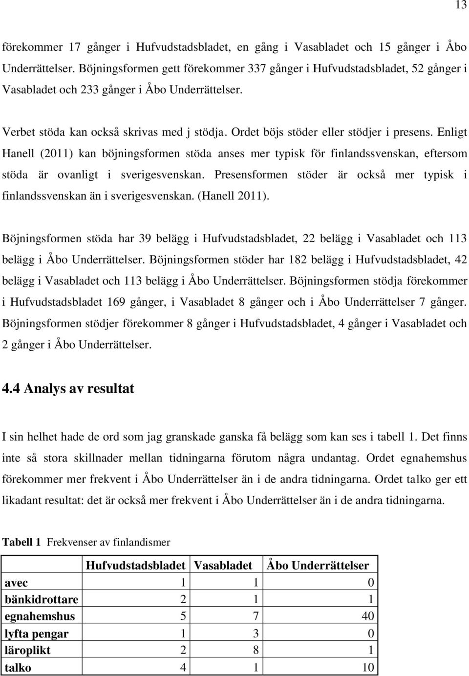 Ordet böjs stöder eller stödjer i presens. Enligt Hanell (2011) kan böjningsformen stöda anses mer typisk för finlandssvenskan, eftersom stöda är ovanligt i sverigesvenskan.