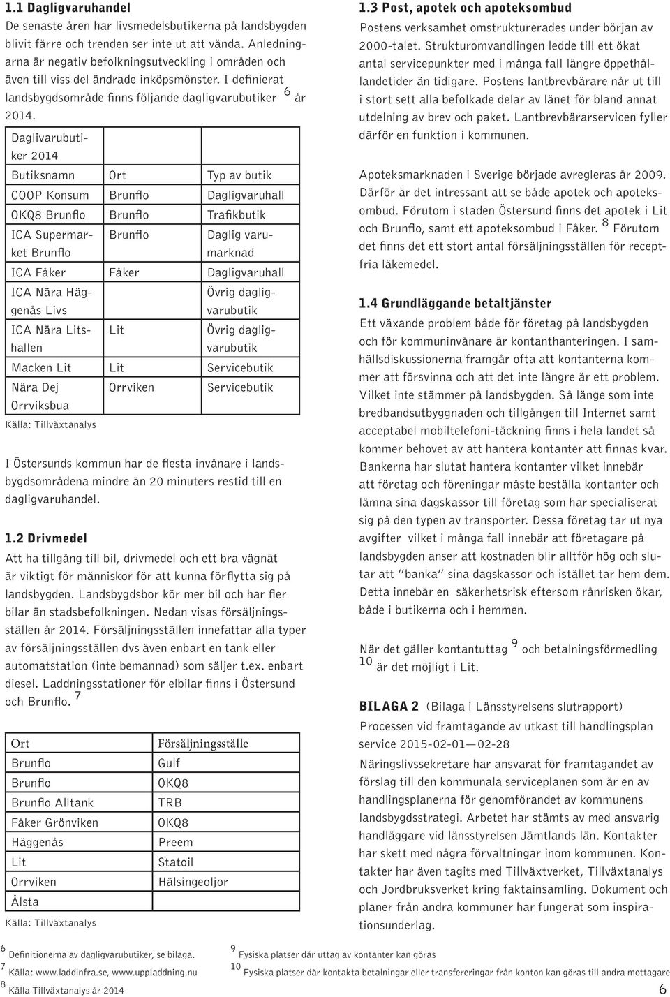 Daglivarubutiker 2014 Butiksnamn Ort Typ av butik COOP Konsum Brunflo Dagligvaruhall OKQ8 Brunflo Brunflo Trafikbutik ICA Supermarket Brunflo Brunflo Daglig varumarknad ICA Fåker Fåker Dagligvaruhall