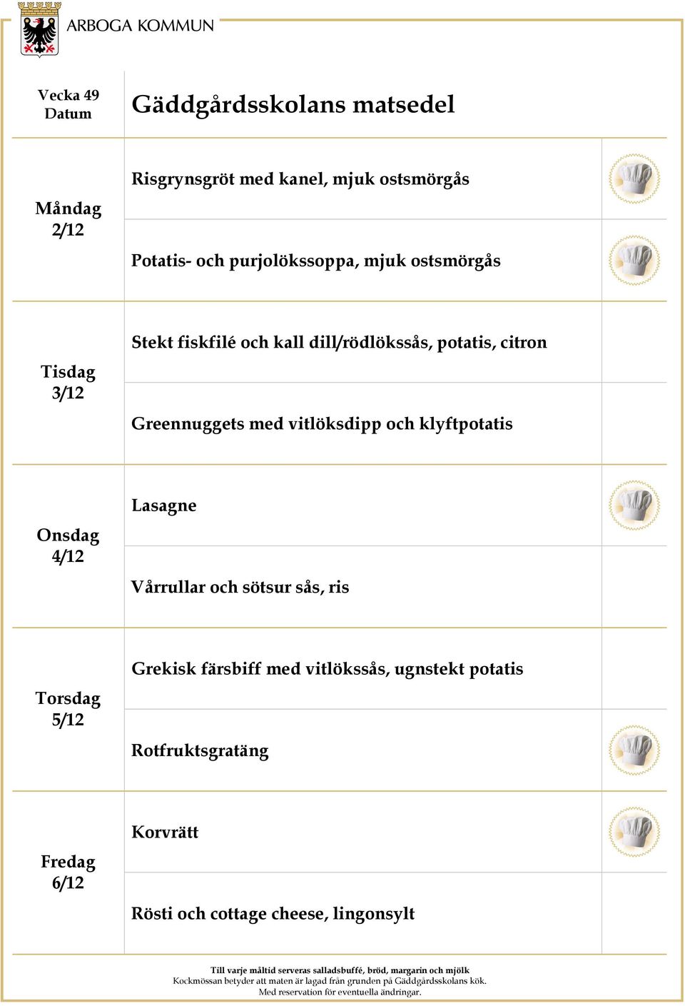 vitlöksdipp och klyftpotatis 4/12 Lasagne Vårrullar och sötsur sås, ris 5/12 Grekisk