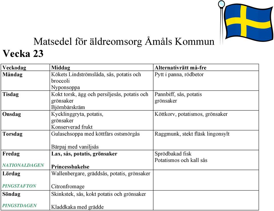 ostsmörgås Raggmunk, stekt fläsk lingonsylt NATIONALDAGEN PINGSTAFTON PINGSTDAGEN Bärpaj med vaniljsås Lax, sås, potatis,