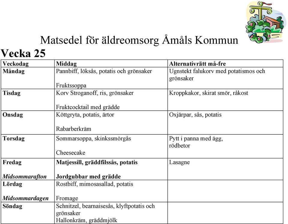 Sommarsoppa, skinkssmörgås Cheesecake Matjessill, gräddfilssås, potatis Jordgubbar med grädde Rostbiff, mimosasallad,