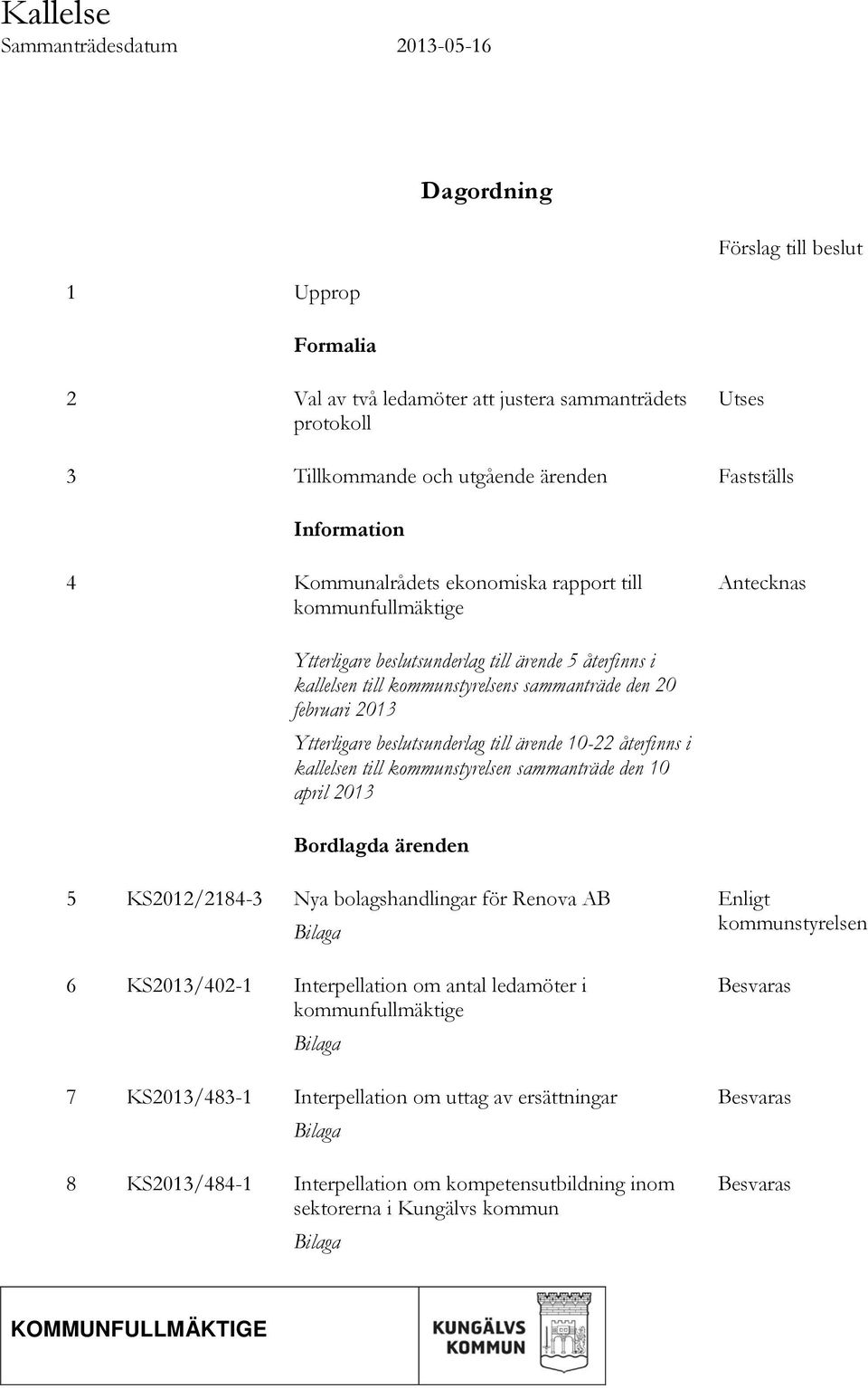 Ytterligare beslutsunderlag till ärende 10-22 återfinns i kallelsen till kommunstyrelsen sammanträde den 10 april 2013 Bordlagda ärenden 5 KS2012/2184-3 Nya bolagshandlingar för Renova AB Bilaga 6