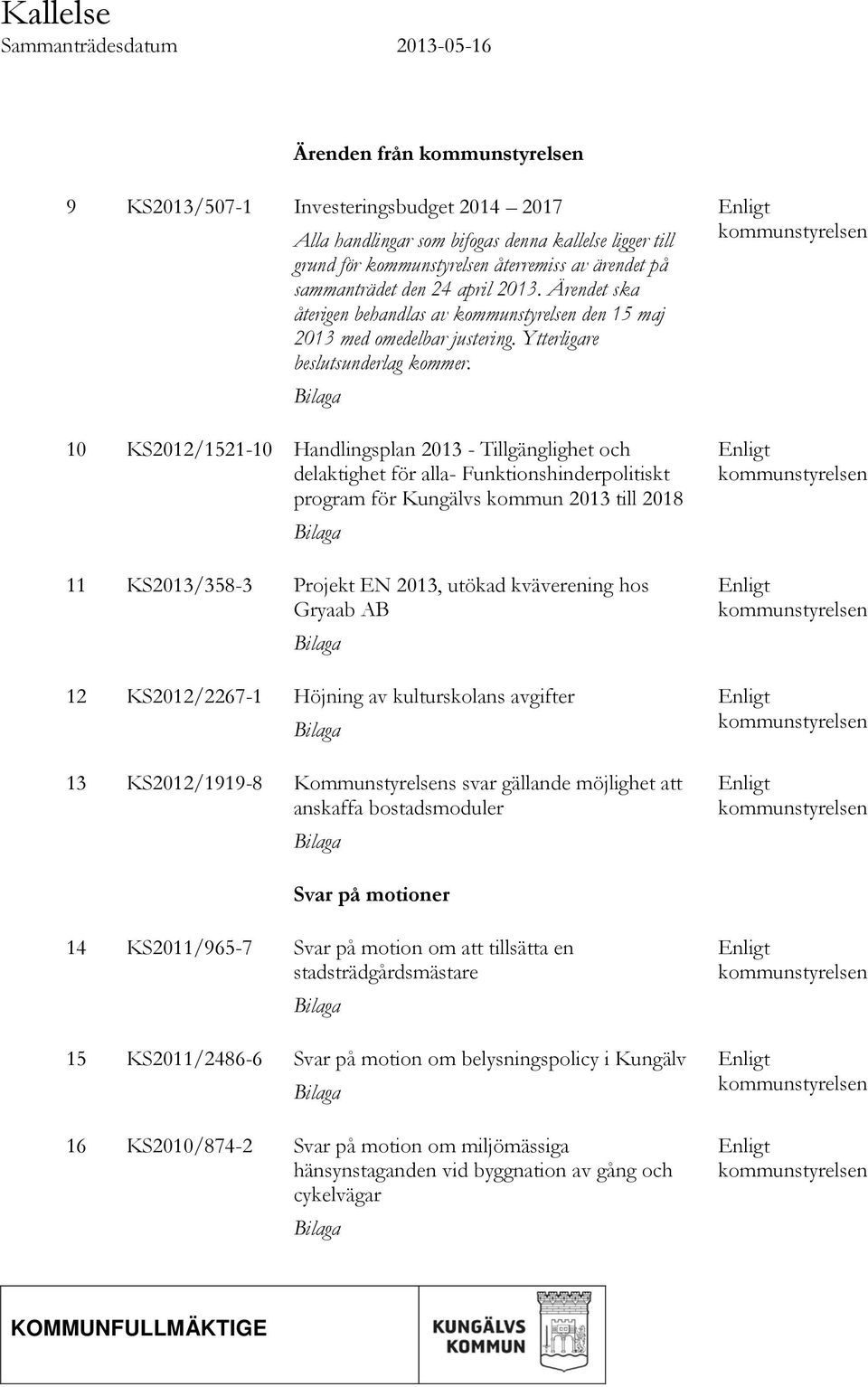 Bilaga 10 KS2012/1521-10 Handlingsplan 2013 - Tillgänglighet och delaktighet för alla- Funktionshinderpolitiskt program för Kungälvs kommun 2013 till 2018 Bilaga 11 KS2013/358-3 Projekt EN 2013,