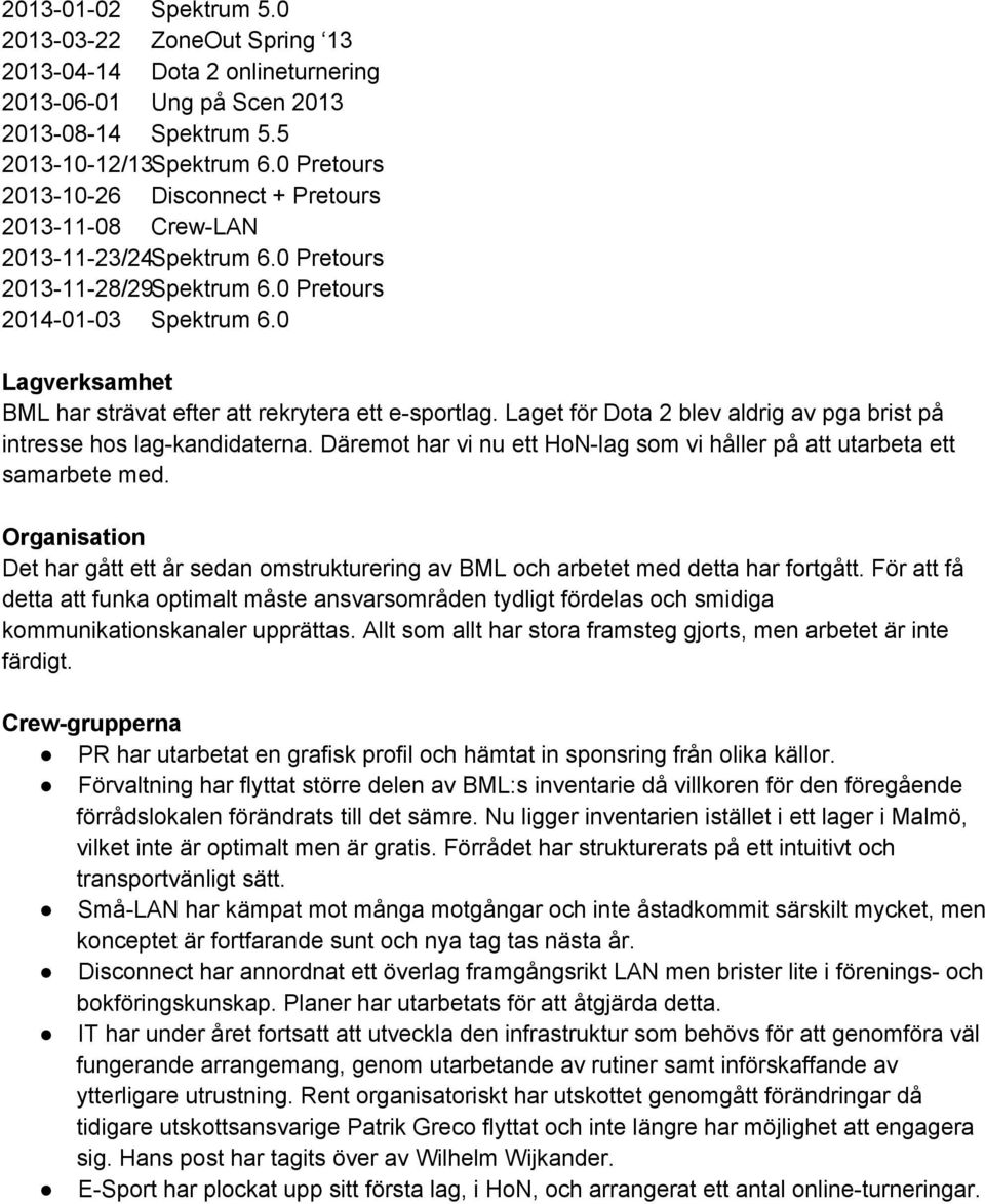 0 Lagverksamhet BML har strävat efter att rekrytera ett e sportlag. Laget för Dota 2 blev aldrig av pga brist på intresse hos lag kandidaterna.