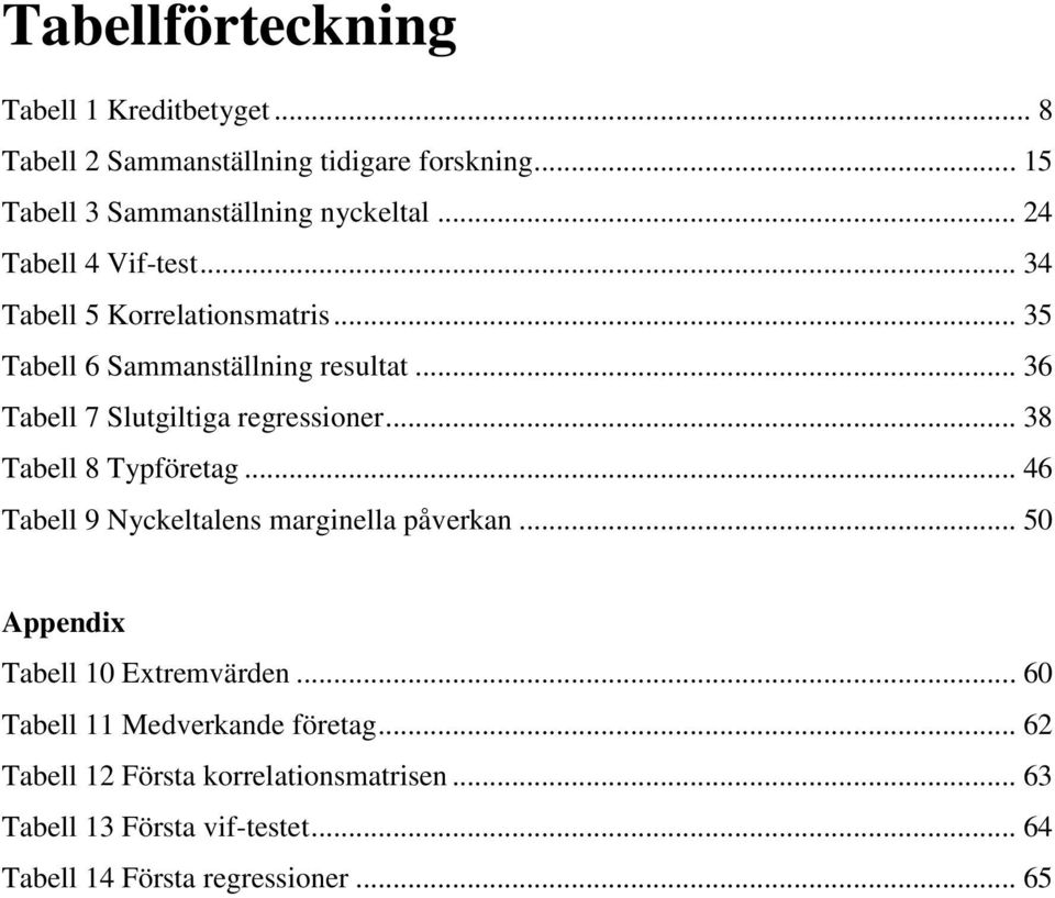 .. 36 Tabell 7 Slutgiltiga regressioner... 38 Tabell 8 Typföretag... 46 Tabell 9 Nyckeltalens marginella påverkan.