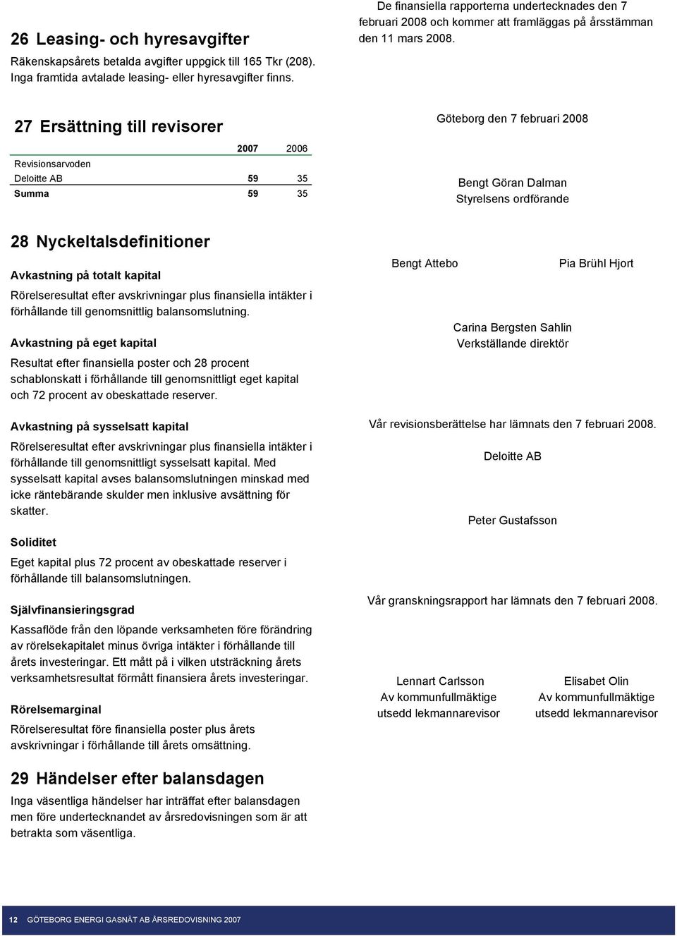 27 Ersättning till revisorer Revisionsarvoden Deloitte AB 59 35 Summa 59 35 28 Nyckeltalsdefinitioner Avkastning på totalt kapital Rörelseresultat efter avskrivningar plus finansiella intäkter i