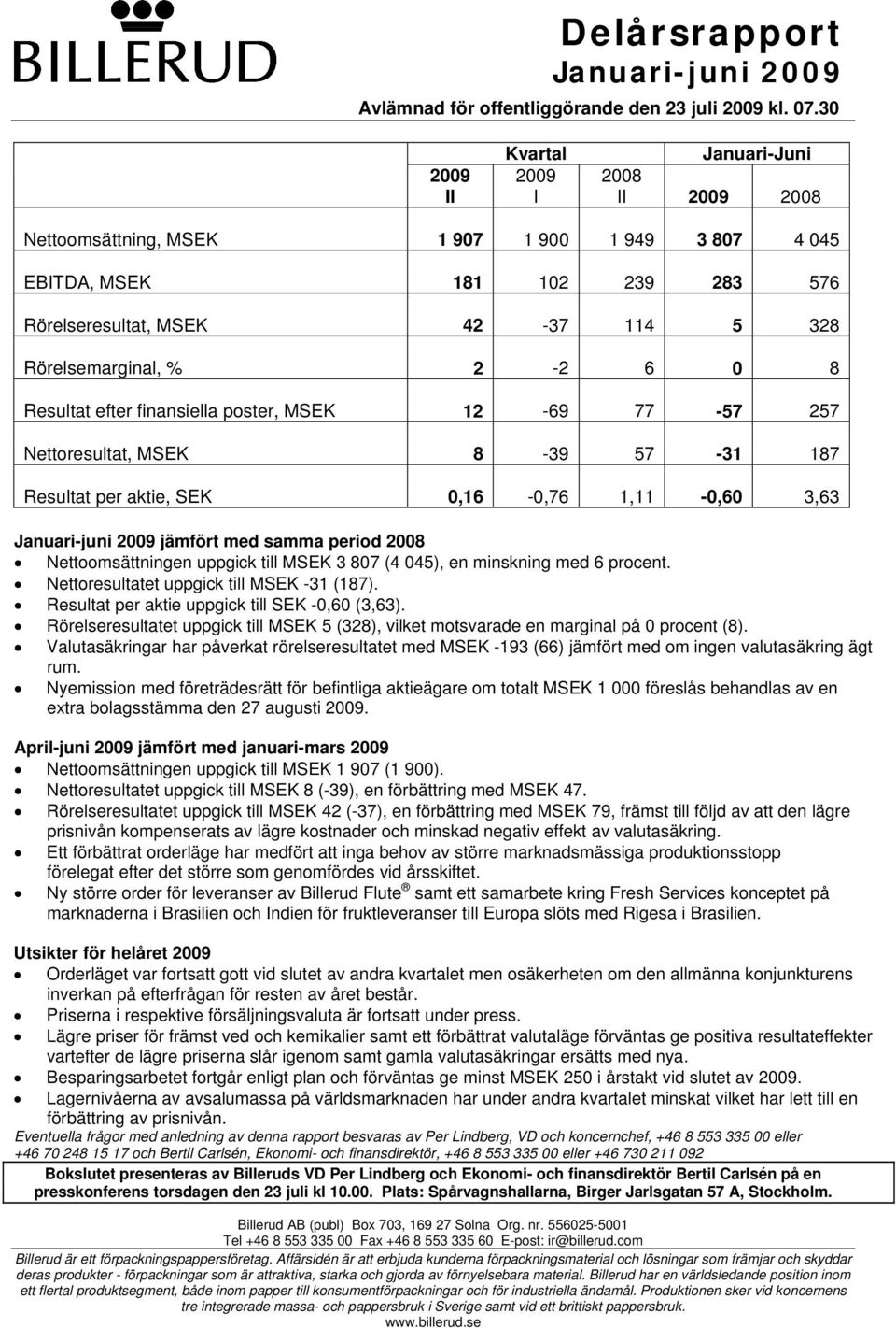 Resultat efter finansiella poster, MSEK 12-69 77-57 257 Nettoresultat, MSEK 8-39 57-31 187 Resultat per aktie, SEK 0,16-0,76 1,11-0,60 3,63 Januari-juni jämfört med samma period 2008