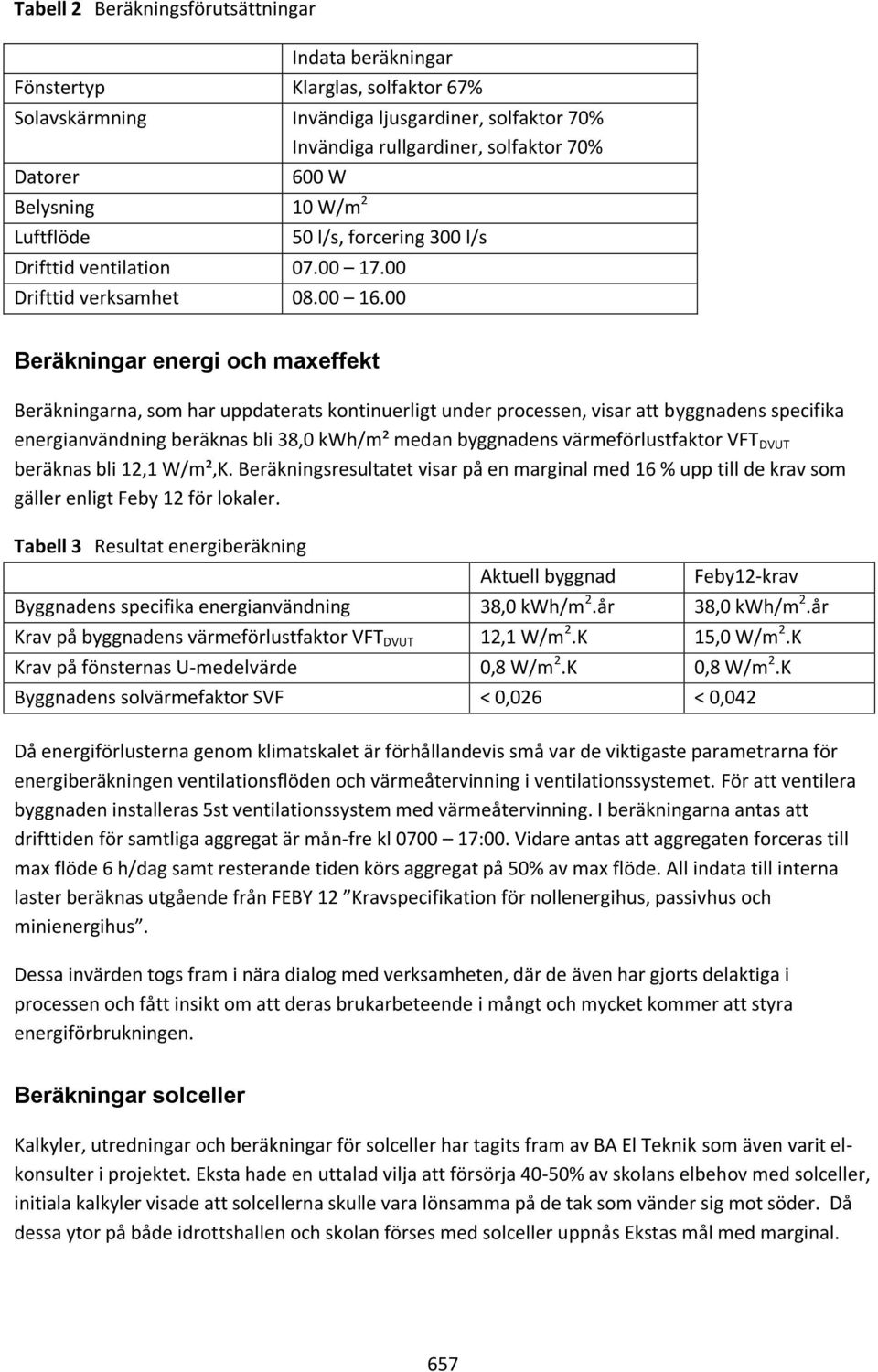 00 Beräkningar energi och maxeffekt Beräkningarna, som har uppdaterats kontinuerligt under processen, visar att byggnadens specifika energianvändning beräknas bli 38,0 kwh/m² medan byggnadens