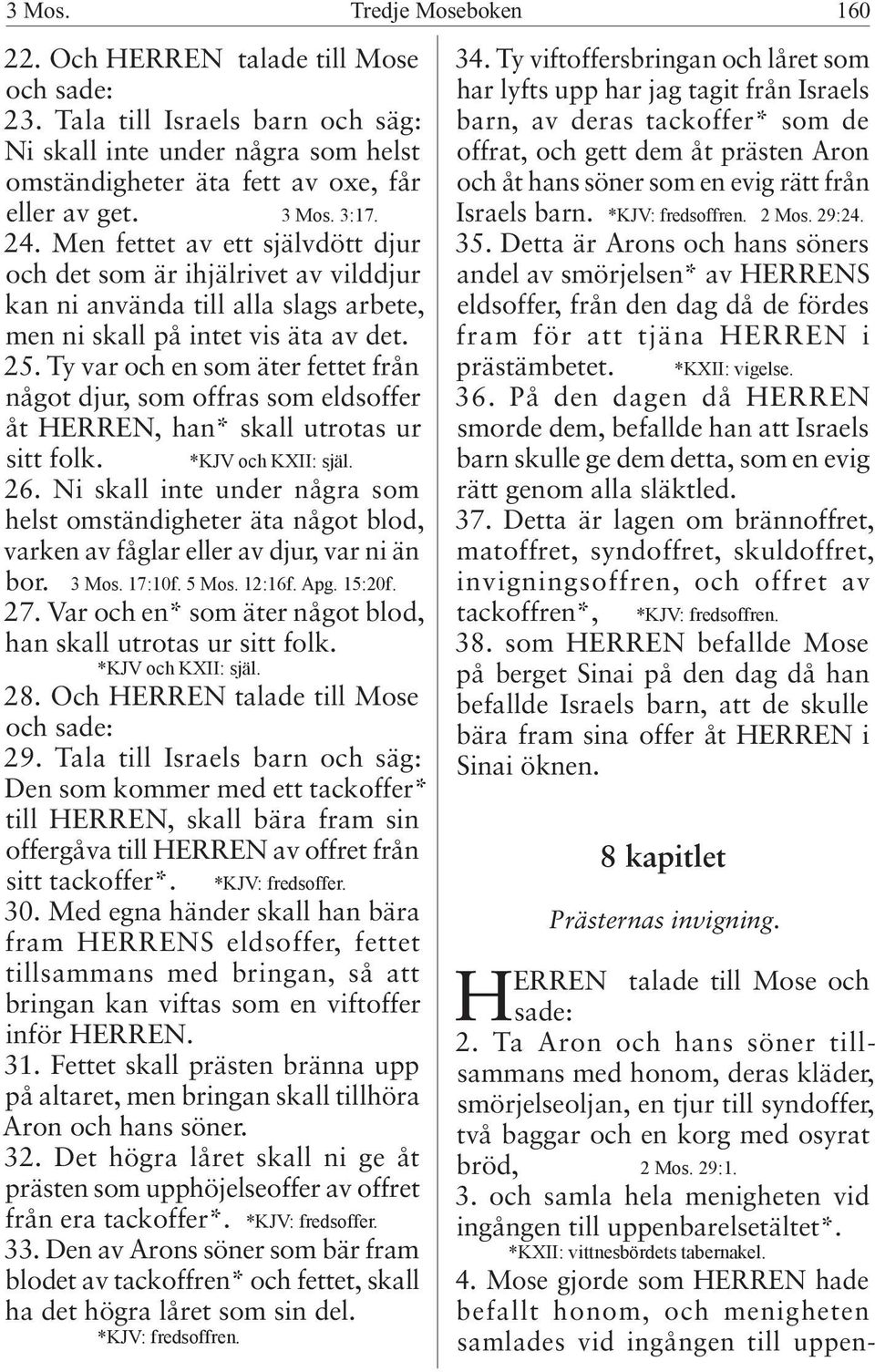 Ty var och en som äter fettet från något djur, som offras som eldsoffer åt HERREN, han* skall utrotas ur sitt folk. *KJV och KXII: själ. 26.