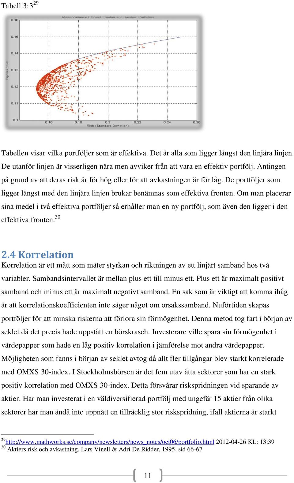 Om man placerar sina medel i två effektiva portföljer så erhåller man en ny portfölj, som även den ligger i den effektiva fronten. 30 2.