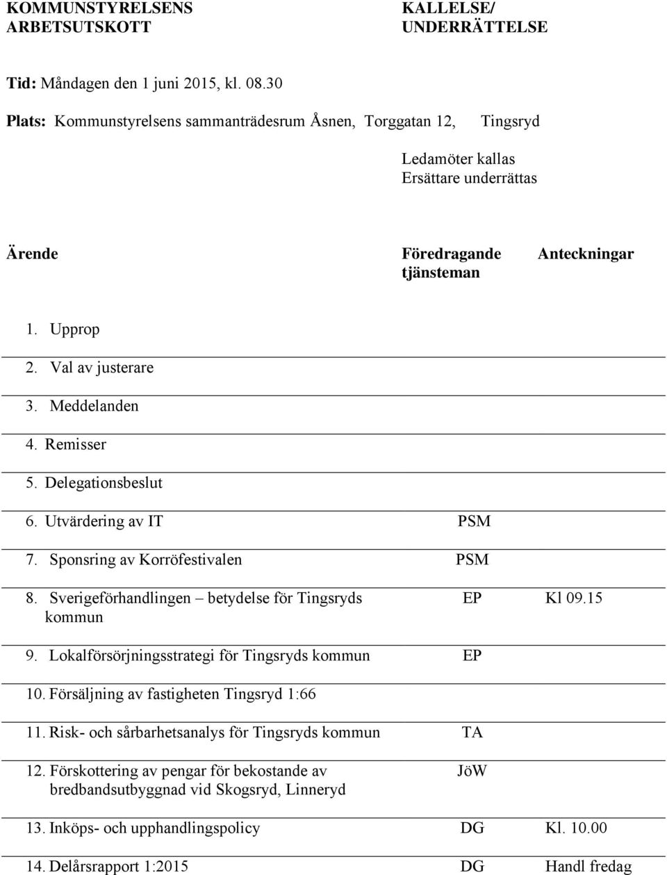 Meddelanden 4. Remisser 5. Delegationsbeslut 6. Utvärdering av IT PSM 7. Sponsring av Korröfestivalen PSM 8. Sverigeförhandlingen betydelse för Tingsryds kommun EP Kl 09.15 9.