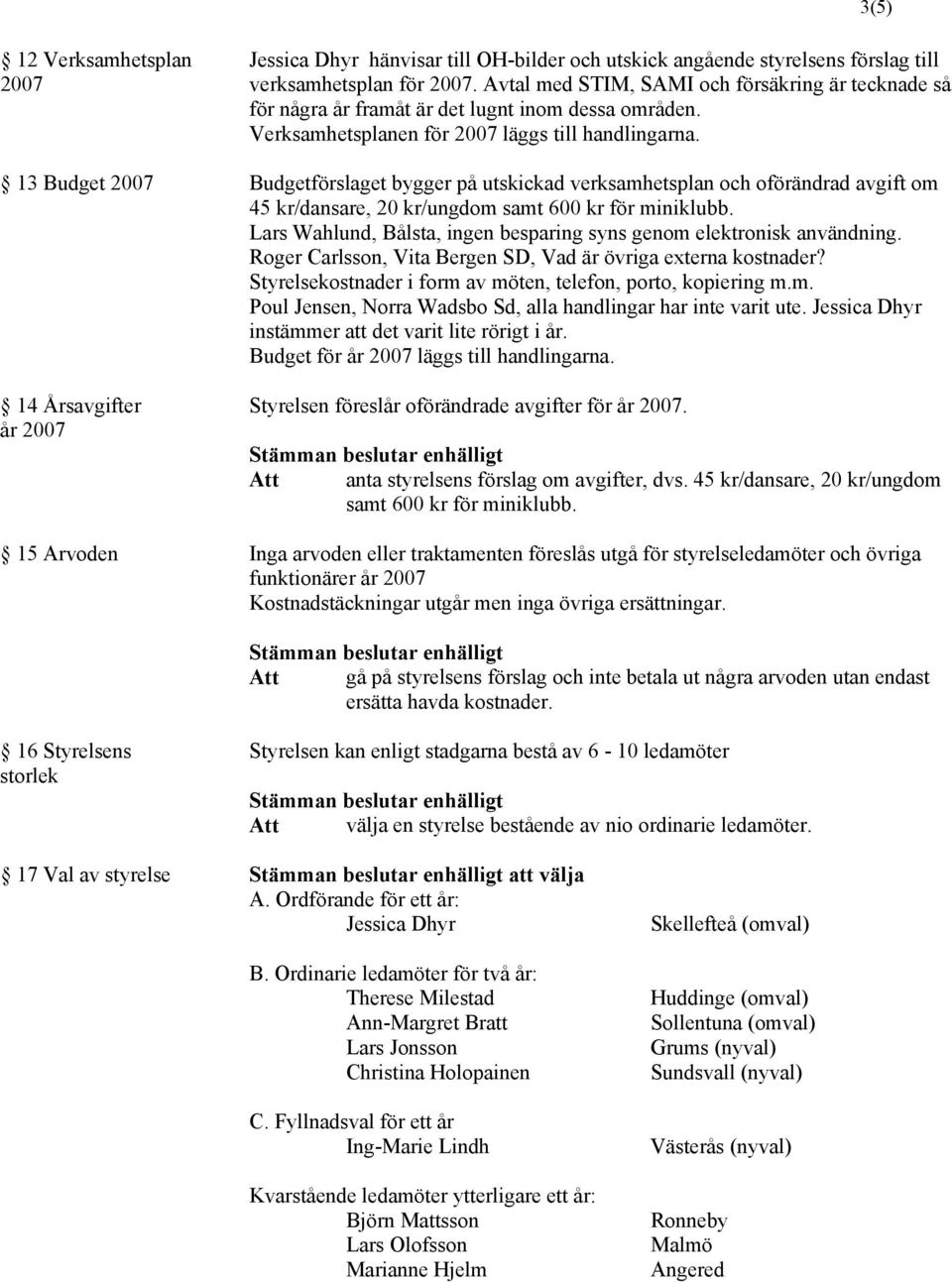 13 Budget 2007 Budgetförslaget bygger på utskickad verksamhetsplan och oförändrad avgift om 45 kr/dansare, 20 kr/ungdom samt 600 kr för miniklubb.