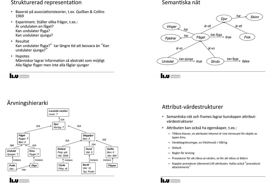 '' Hypotes' Människor'lagrar'informa*on'så'abstrakt'som'möjligt' Alla'fåglar'flyger'men'inte'alla'fåglar'sjunger'' Vingar har Fjädrar har är en kan sjunga Undulat Djur har Skinn är ett är ett Fågel