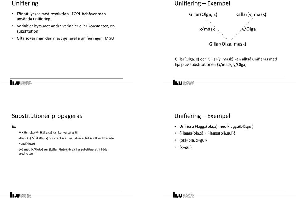 Gillar(Olga,'x)'och'Gillar(y,'mask)'kan'alltså'unifieras'med' hjälp'av'subs*tu*onen'{x/mask,'y/olga)' Subs*tu*oner'propageras' 'Ex' x'hund(x)' 'Skäller(x)'kan'konverteras'*ll' Hund(x)'