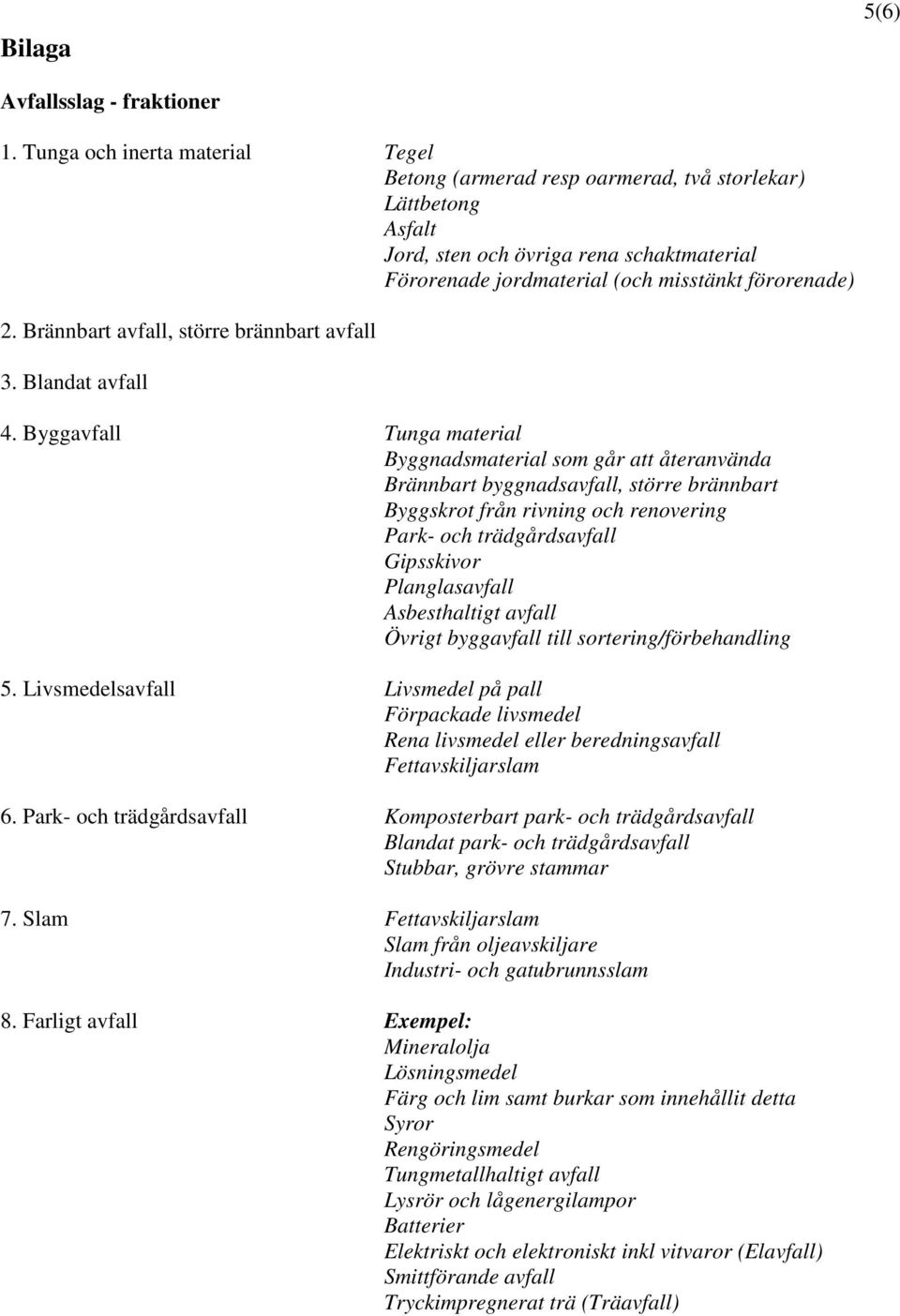 Brännbart avfall, större brännbart avfall 3. Blandat avfall 4.
