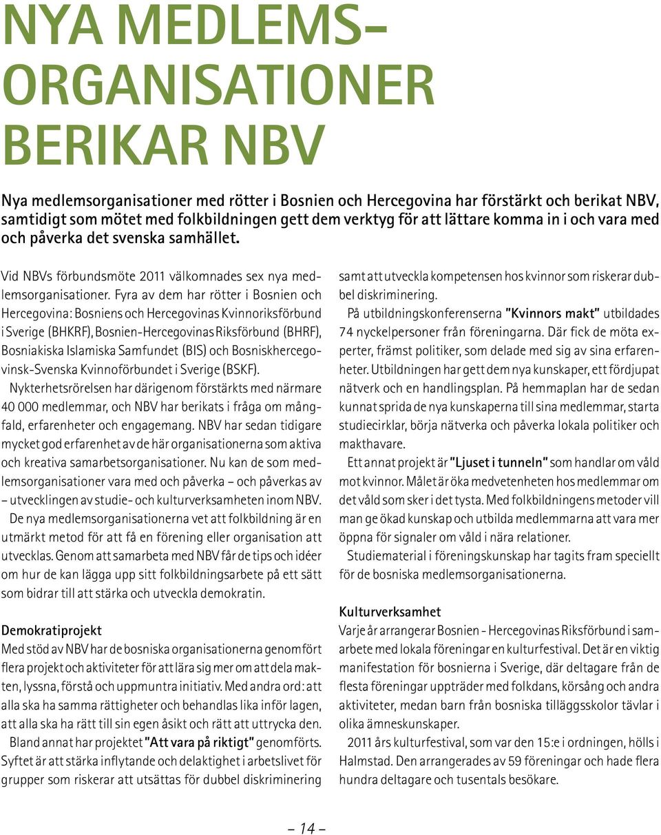 Fyra av dem har rötter i Bosnien och Hercegovina: Bosniens och Hercegovinas Kvinnoriksförbund i Sverige (BHKRF), Bosnien-Hercegovinas Riksförbund (BHRF), Bosniakiska Islamiska Samfundet (BIS) och
